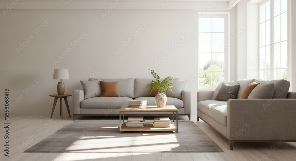 Fototapeta premium Serene modern living room bathed in natural light, showcasing comfortable sofas and elegant decor
