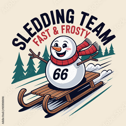 Sledding team fast and frosty, racing snowman on vintage sled, adventure winter badge, retro Christmas sports poster, vector illustration