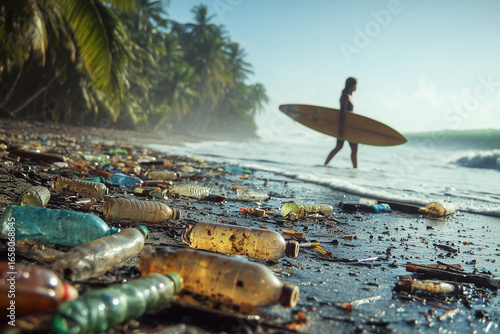Polluted beach with a surfer and scattered trash