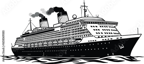 Vintage cruise ship black and white illustration with smoke stacks, ocean waves—perfect for retro travel posters and nautical decor