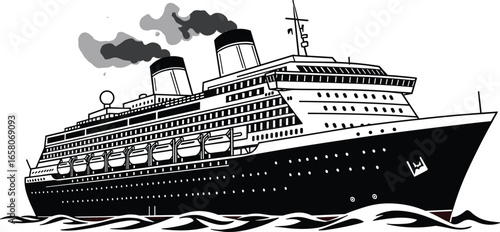 Vintage cruise ship black and white illustration with smoke stacks, ocean waves—perfect for retro travel posters and nautical decor