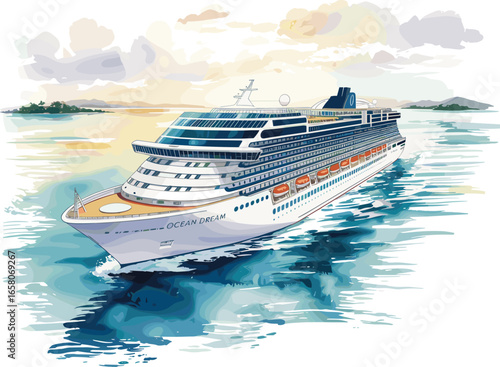 Watercolor illustration of luxury cruise ship “Ocean Dream” sailing at sea, elegant maritime travel artwork with scenic ocean background