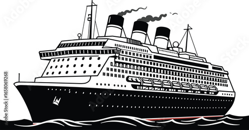 Vintage cruise ship black and white illustration with smoke stacks, ocean waves—perfect for retro travel posters and nautical decor