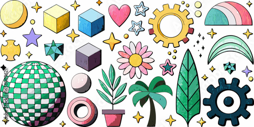 Collection of whimsical hand drawn elements with retro and modern vibes