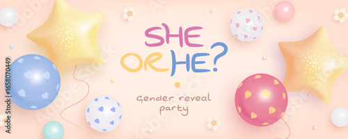 He or she. Boy or Girl. Cartoon gender reveal invitation, flyer or wallpaper design template. Horizontal banner with realistic helium balloons. Vector illustration