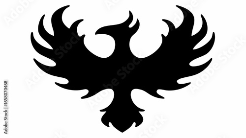 Silhouette depiction of a phoenix with outstretched wings in a symmetrical design on a white background