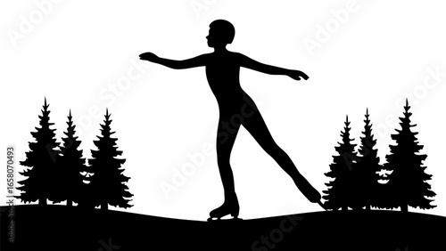Silhouette of figure skater gliding on ice surrounded by pine trees in winter landscape scene outdoors