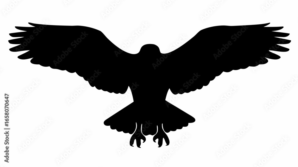 Obraz premium Silhouette of an eagle with its wings spread wide and talons visible against a white background view from front