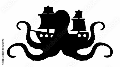 Silhouette of a ship being attacked by an octopus with tentacles wrapped around the vessel in black and white