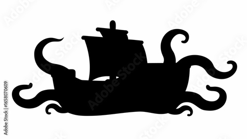 Silhouette of a sailing ship being attacked by a giant octopus with large tentacles in black and white image