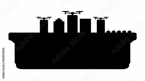 Silhouette of an aircraft carrier with multiple drones on top of the structure in black color