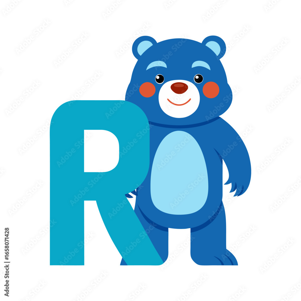 Naklejka premium Playful Bear Character with Big Alphabet R, Fun Kids Illustration, Cute Animal Learning, Educational Children Book Vector Art Design