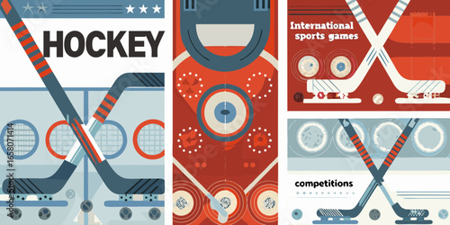 Retro Style International Sports Games Illustrations Featuring Hockey Curling and Tennis