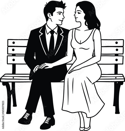 Romantic couple sitting on bench, black & white vector illustration