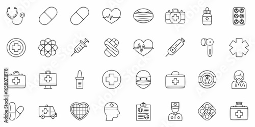 Medical and healthcare icons set in doodle style on white background