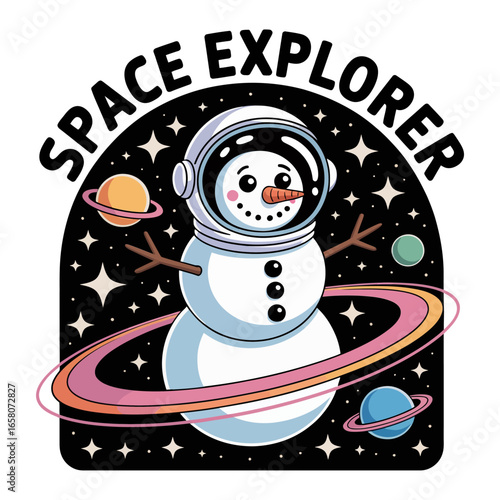 Space explorer badge snowman with headset orbiting ringed planet, stars sparkle around, christmas vector illustration, poster card typography, astronaut sticker