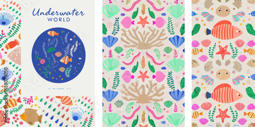 Colorful Underwater World Pattern with Fish Coral and Seaweed Illustrations