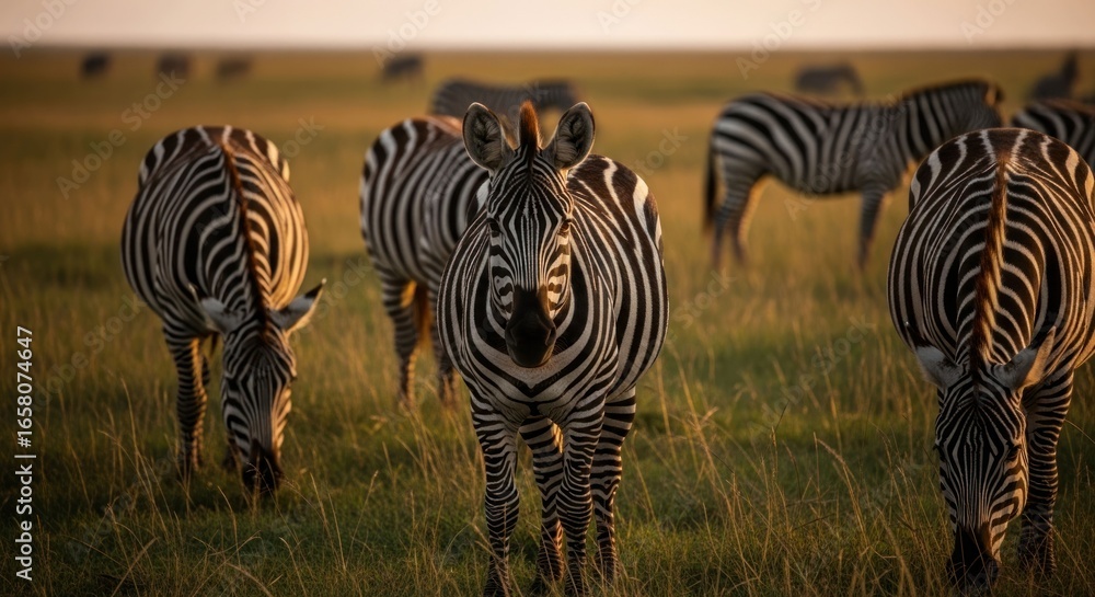 Fototapeta premium Zebras grazing in savanna at golden hour