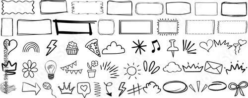 Doodle frame, hand drawn border, and cute sketch icon collection featuring heart, arrow, crown, flower, sun, star, pizza, cupcake, envelope, and cloud elements for decoration, design, and illustration