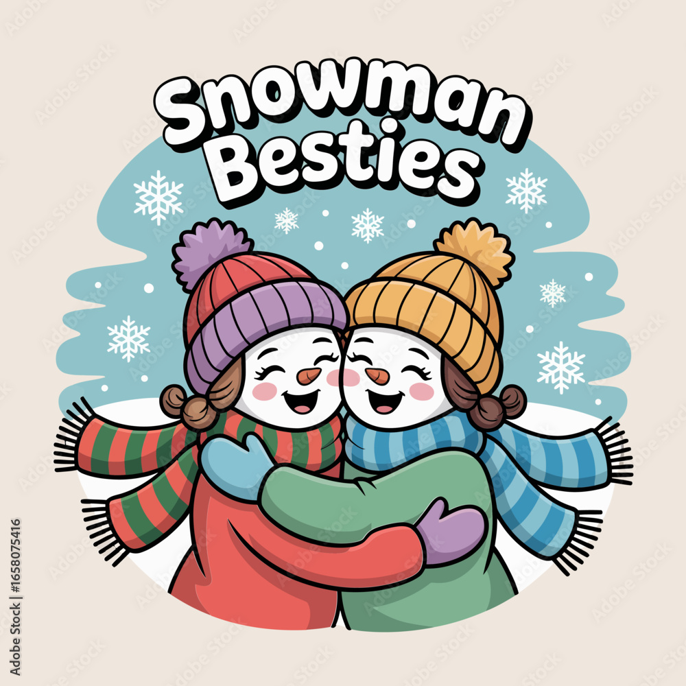 Naklejka premium Snowman besties hugging with scarves and earmuffs, snowy backdrop with hearts, Christmas vector illustration, greeting card, poster, sticker, tshirt