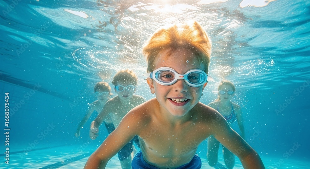 Naklejka premium Happy Kids Swimming Underwater in Pool with Goggles