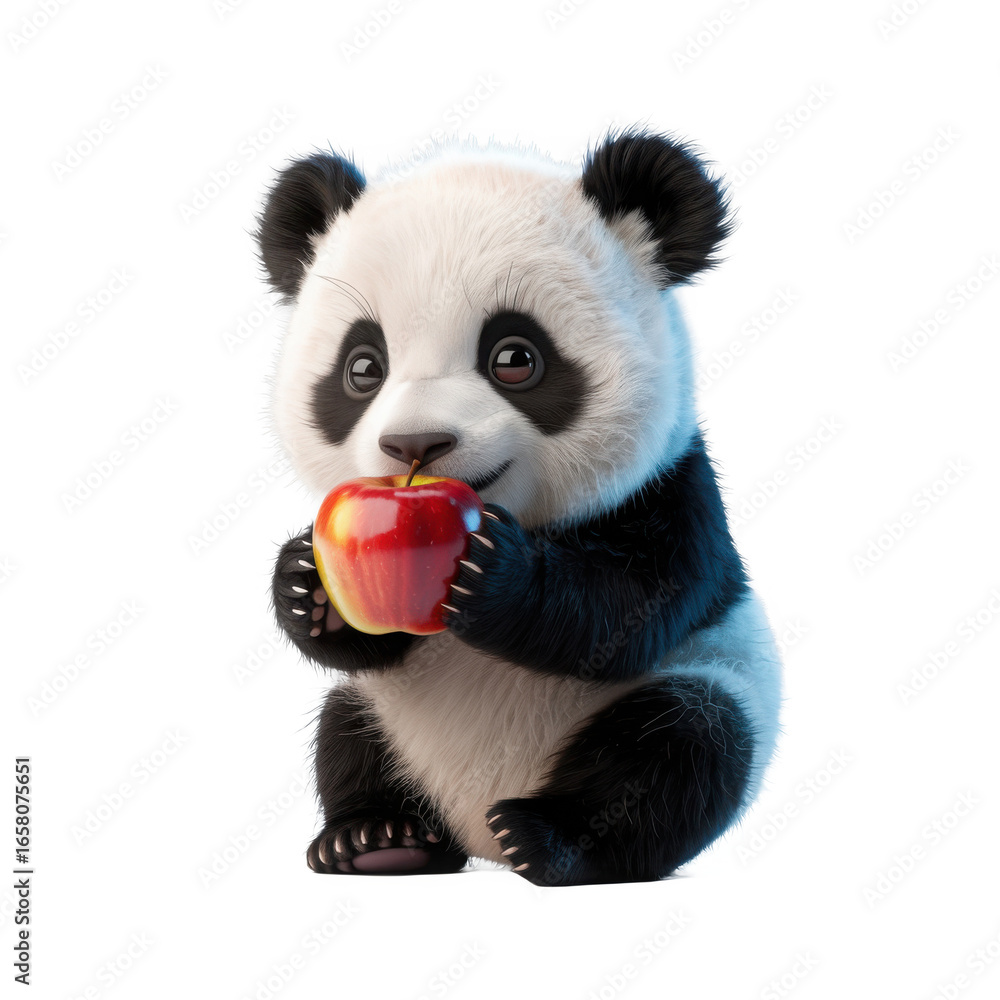 Obraz premium Adorable baby panda enjoying a red apple cute animal photography vibrant color captivating wildlife portrait isolated on transparent background