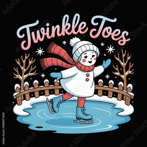 Twinkle toes ice skater gliding on frozen pond at night, trees and stars, Christmas vector illustration, greeting card, poster, sticker