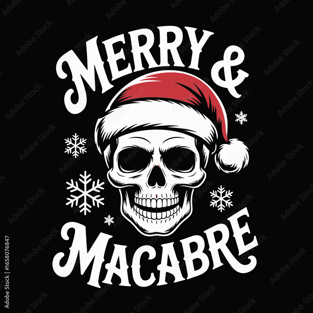 Fototapeta premium Merry and macabre skull in Santa hat on black, edgy Christmas vector illustration, poster, sticker, tshirt, gothic holiday badge