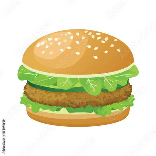Crispy Burger with Lettuce and Sesame Seed Bun - AI Generated