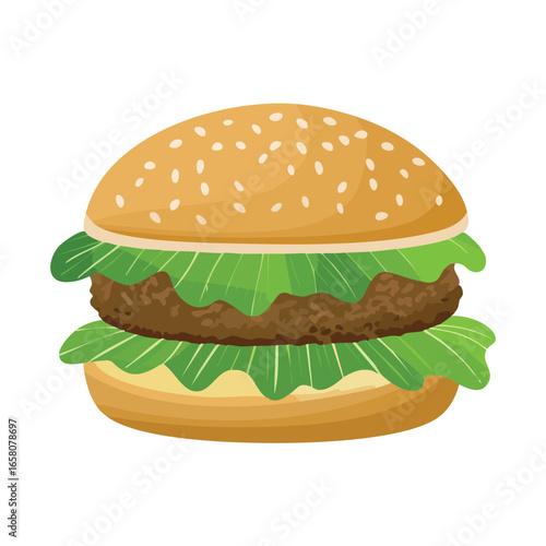 Simple Beef Burger with Lettuce and Sesame Bun - AI Generated