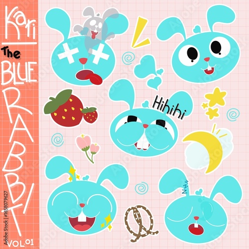 sticker set of blue cute rabbit 6728