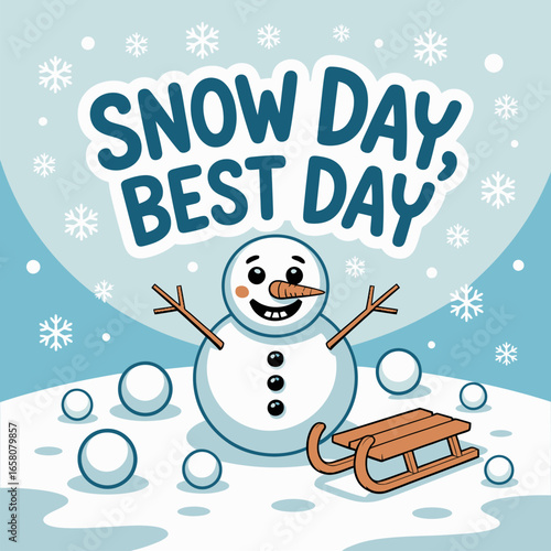 Snow day best day excited snowman raising arms with snowballs and hills, holiday vector for greeting cards posters stickers tshirt