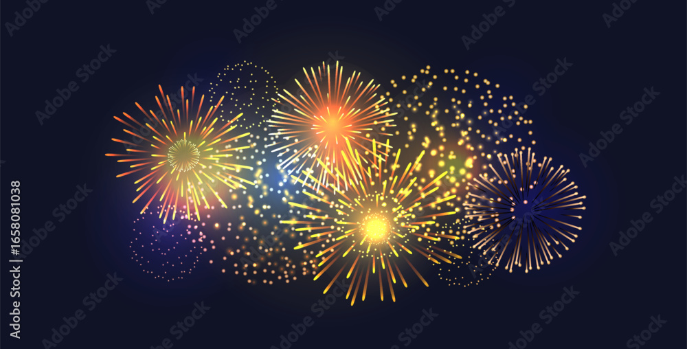 Fototapeta premium Vivid glowing fireworks bursting in the night sky, creating a festive atmosphere. Ideal for New Year, national holidays, parties, and joyful events with sparkling lights