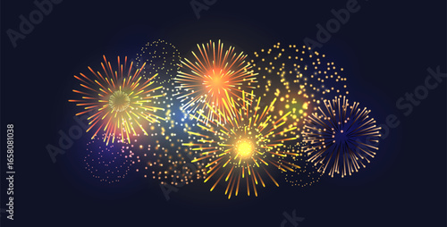 Vivid glowing fireworks bursting in the night sky, creating a festive atmosphere. Ideal for New Year, national holidays, parties, and joyful events with sparkling lights