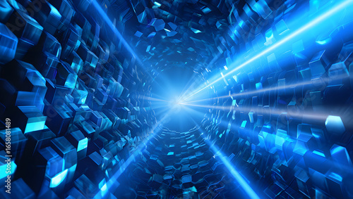 Futuristic abstract background with blue light tunnel and geometric shapes