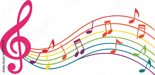 Vibrant rainbow musical staff with treble clef and colorful notes flowing in a dynamic wave pattern