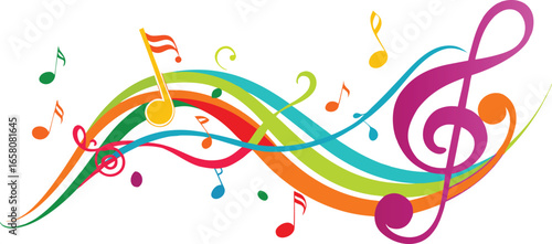Vibrant abstract musical staff with colorful flowing lines and musical notes creating a dynamic and energetic melody on a white background