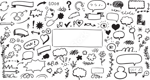 Hand drawn doodle elements with speech bubbles arrows and flowers Keywords: doodle, hand drawn