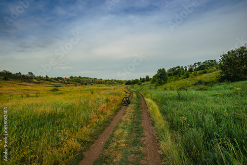 A mountain bike rests in the middle of a winding dirt road surrounded by lush green and golden fields, with rolling hills and a dense tree line in the distance under a cloudy sky.