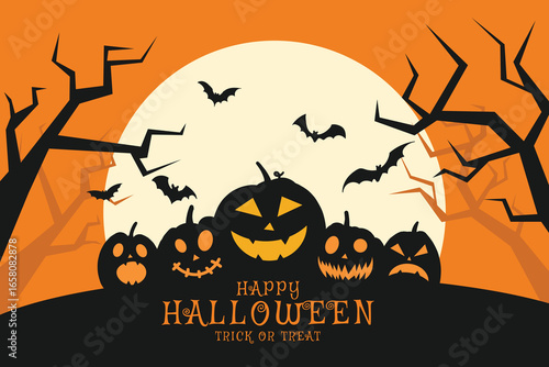 Halloween silhouette background, vector spooky cartoon pumpkin. Holiday October 31.
