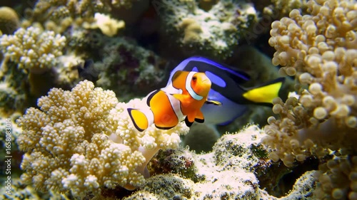 Colorful reef fish swimming among coral in tropical sea waters