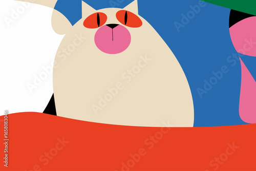 Whimsical illustration of a plump white cat with bright red eyes and a pink nose peeking over a red surface