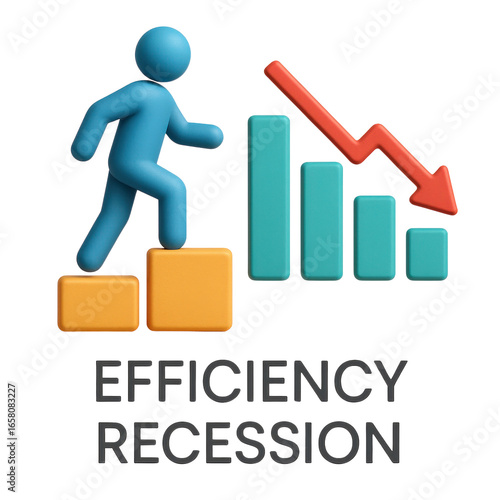 efficiency recession concept. A 3D figure walking up steps beside a declining bar graph.
