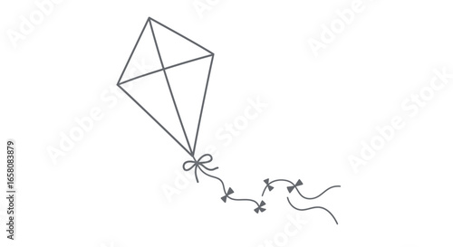 A simple line drawing of a diamond shaped kite with a tail that has bows and streamers flying high in the sky on a bright sunny day outdoors