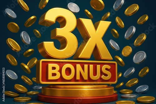 Gleaming 3x Bonus Extravaganza beckons with golden coins raining down, promising thrilling wins and a lucrative experience for players.