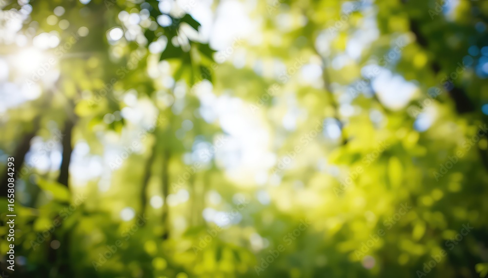 Fototapeta premium Sunlight pierces the leafy canopy, creating a blurred landscape of verdant green and illuminating nature's beauty