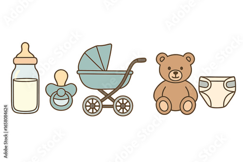 Baby essentials collection with bottle, pacifier, stroller, teddy bear, and diaper. Newborn necessities icon set for new parents. Vector cartoon illustration for baby shower.