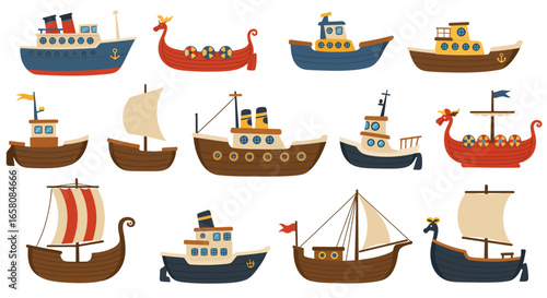 A Collection of Diverse and Charming Nautical Vessels Featuring Various Types of Ships Boats and Vessels Illustrating Maritime Transportation and Historical Sailing Craft Rendered in a Whimsical Carto