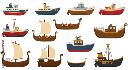 A Collection of Various Types of Boats and Ships Including Fishing Vessels and Ancient Vessels with Sails and Modern Vessels
