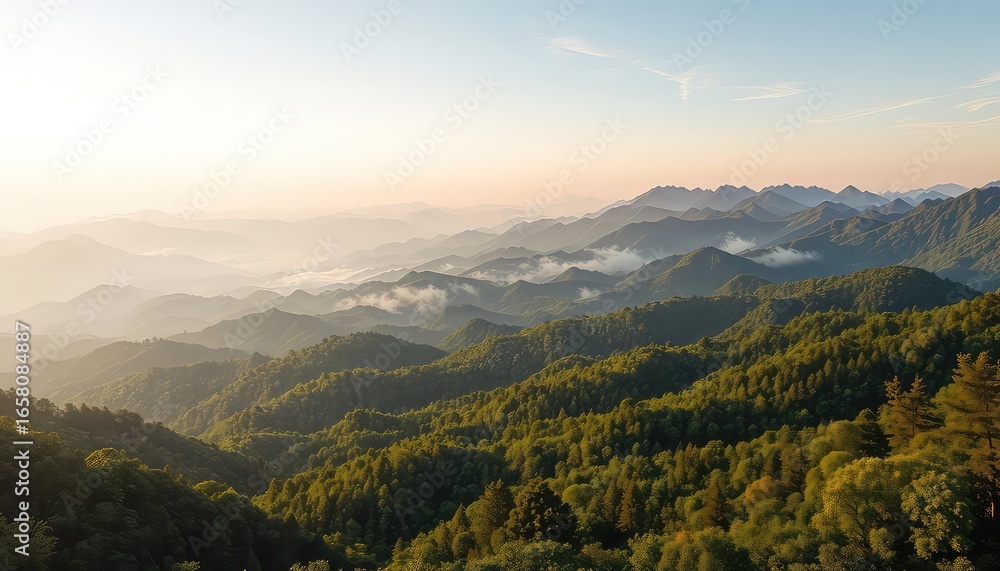 Sunlit verdant mountain ridges extend to the horizon, with mist and haze creating a layered and atmospheric scenic view Sunlit verdant mountain ridges extend to the horizon, with mist and haze creating a layered and atmospheric scenic view